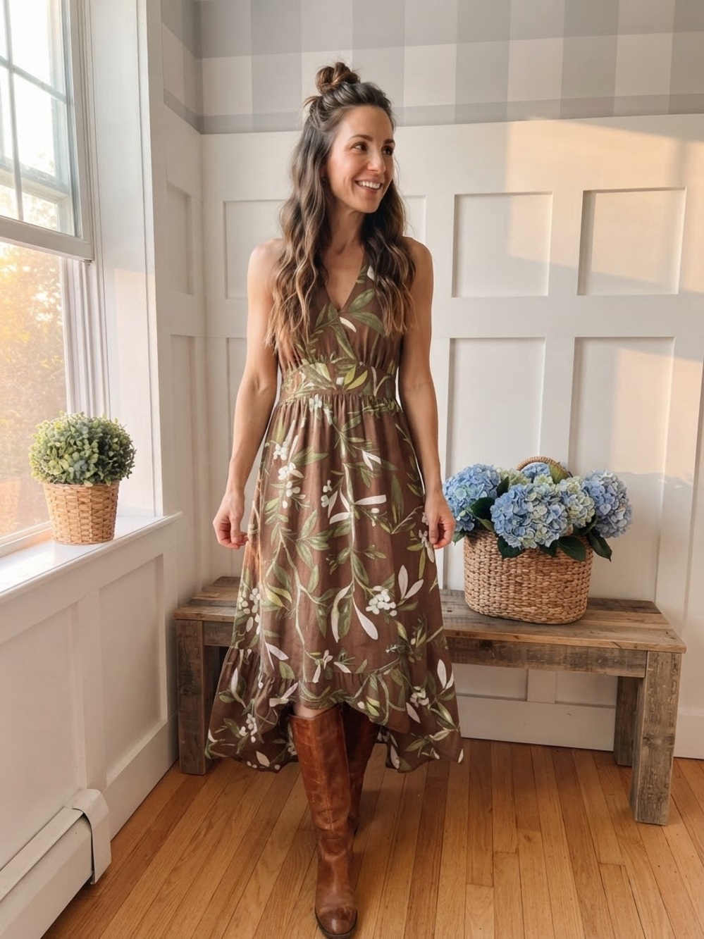 Cynthia Rowley Brown Maxi Dress with Green and Cream Leaf Print 14